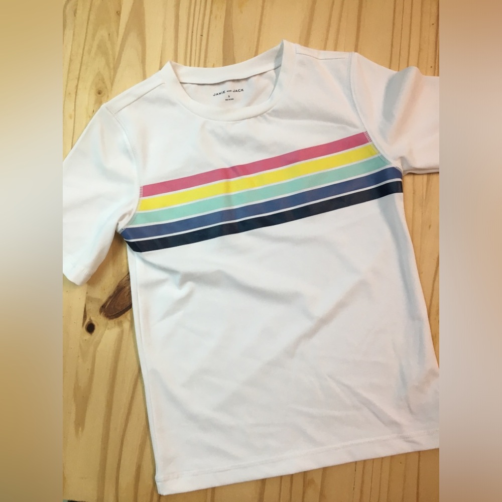 Janie and Jack White Kids Tee with Rainbow Stripes  Size 5  Rash Guard in White